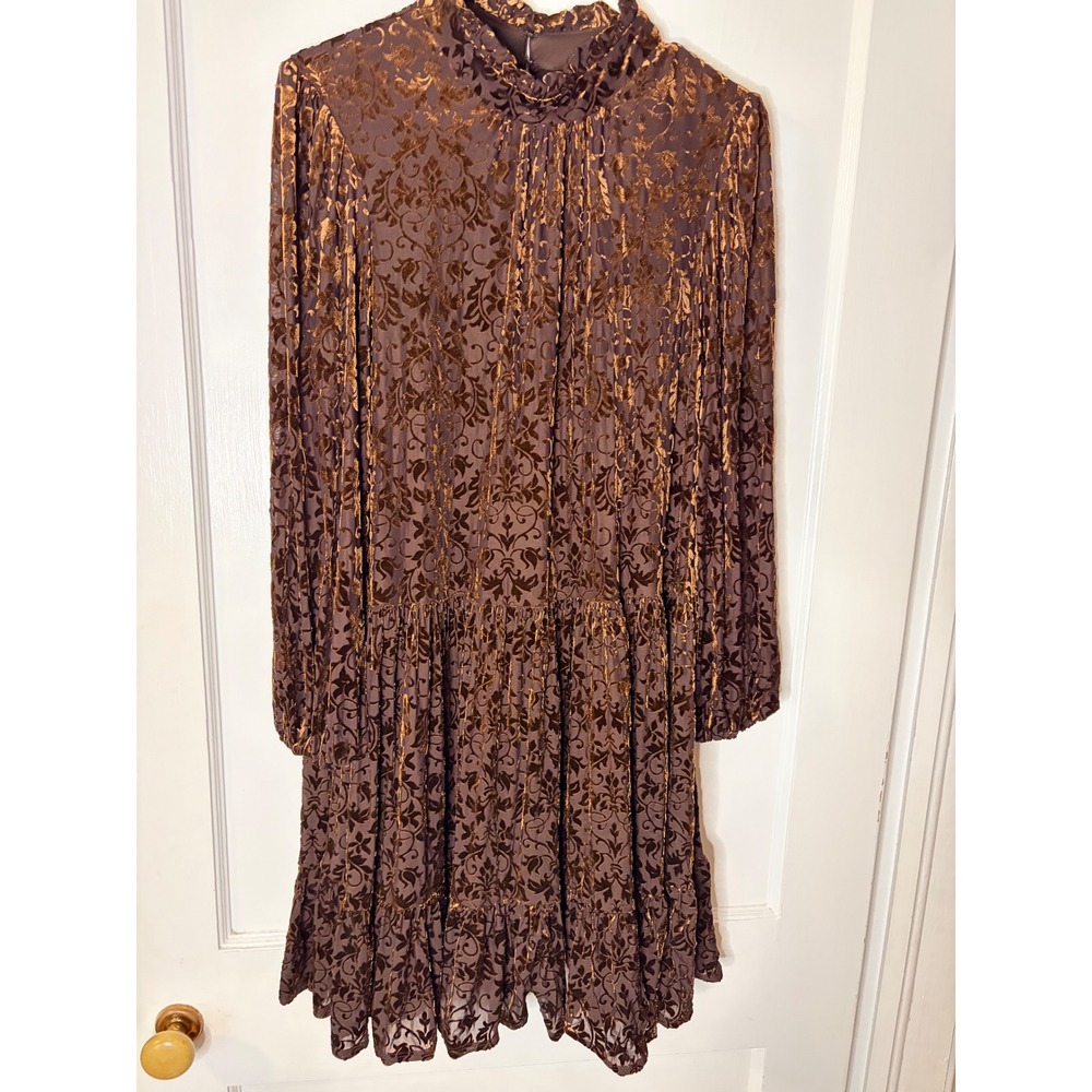 Maison Tara Brown Burnout Velvet Damask Tiered Mini Dress Bronze Metallic Sz 14